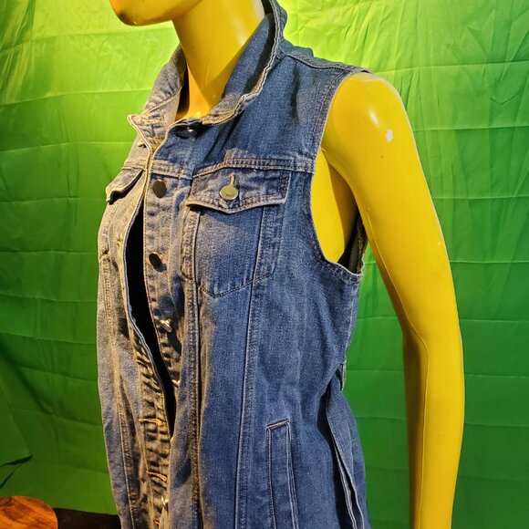 Women Denim Jeans Jacket Coat sleeveless trench size M blue 90's - Picture 11 of 11